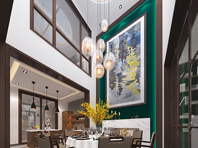 Elegant Restaurant Interior With Hanging Chandeliers Dining Table Large Artwork Yellow Flowers And Green Wall 3d model