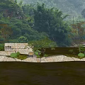 Natural Scenic Wall Surrounded by Mountains Bamboo Groves Trees Stones And Grass
