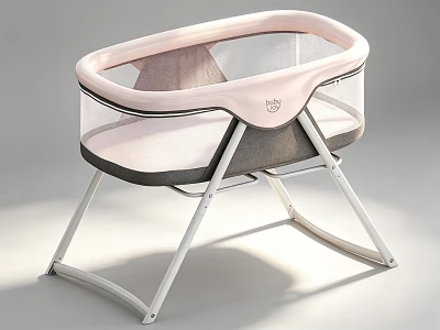 Portable Baby Crib With White Metal Frame Pink Edge And Transparent Mesh Sides 3d model