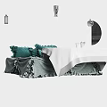 Stylish Double Bed With Ruffled Gray Bedspread And Green Pillows 3d model