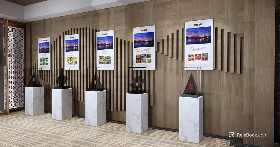 Modern Exhibition Display with Multiple Boards on White Marble Pedestals Against Wood Grain Wall 3d model 