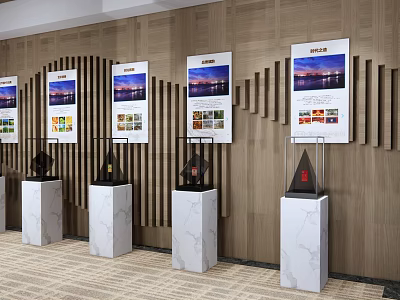Modern Exhibition Display with Multiple Boards on White Marble Pedestals Against Wood Grain Wall 3d model