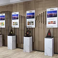Modern Exhibition Display with Multiple Boards on White Marble Pedestals Against Wood Grain Wall