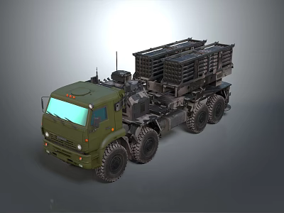 Green Military Truck With Heavy Duty Wheels And Multiple Rocket Launcher System 3d model