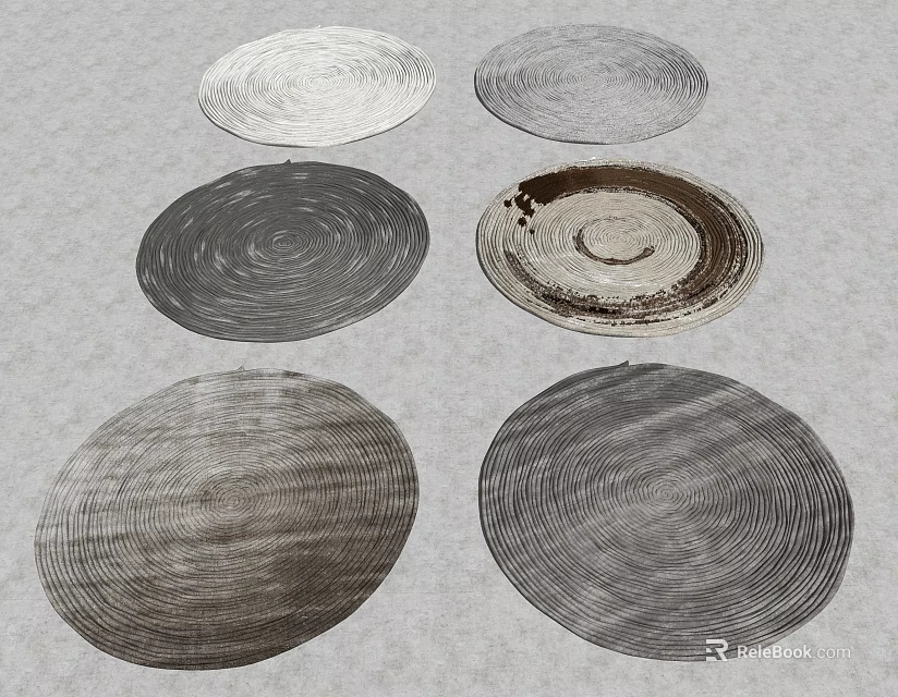 Collection of Circular Rugs with Various Gray Tones and Spiral Patterns 3d model 