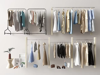 Modern Clothes Racks With Hanging Dresses Shirts Coats And Decorative Items 3d model