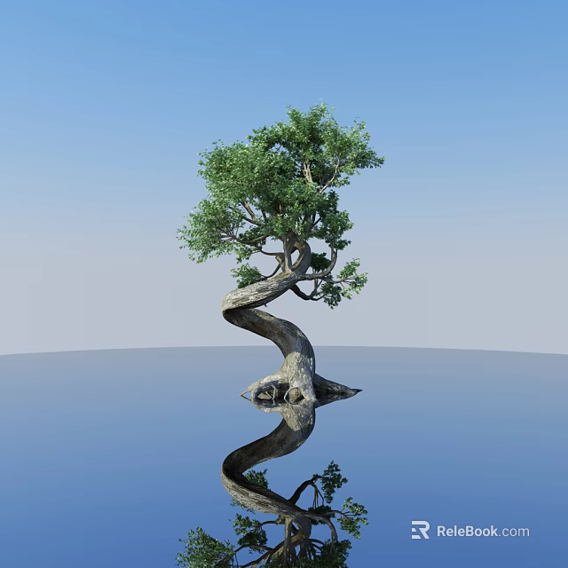 Curved Arbor Tree With Green Leaves Blue Sky And Water Surface Reflection 3d model