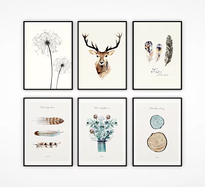 Decorative Animal Paintings Set With Deer Feathers Small Animals And Wall Art For Home Decor 3d model