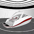 Sleek White Yacht With Red Stripes In Modern Indoor Space With Circular Lighting