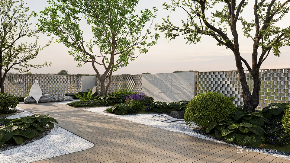 Karesansui Dry Landscape Garden With Wooden Path Stone Elements And Green Plants 3d model 