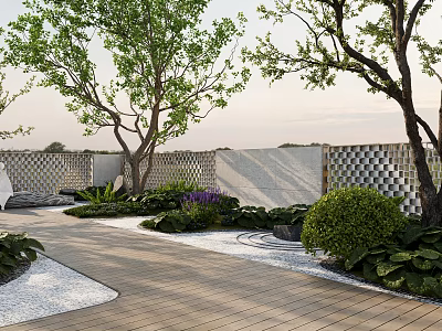 Karesansui Dry Landscape Garden With Wooden Path Stone Elements And Green Plants 3d model