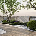 Karesansui Dry Landscape Garden With Wooden Path Stone Elements And Green Plants