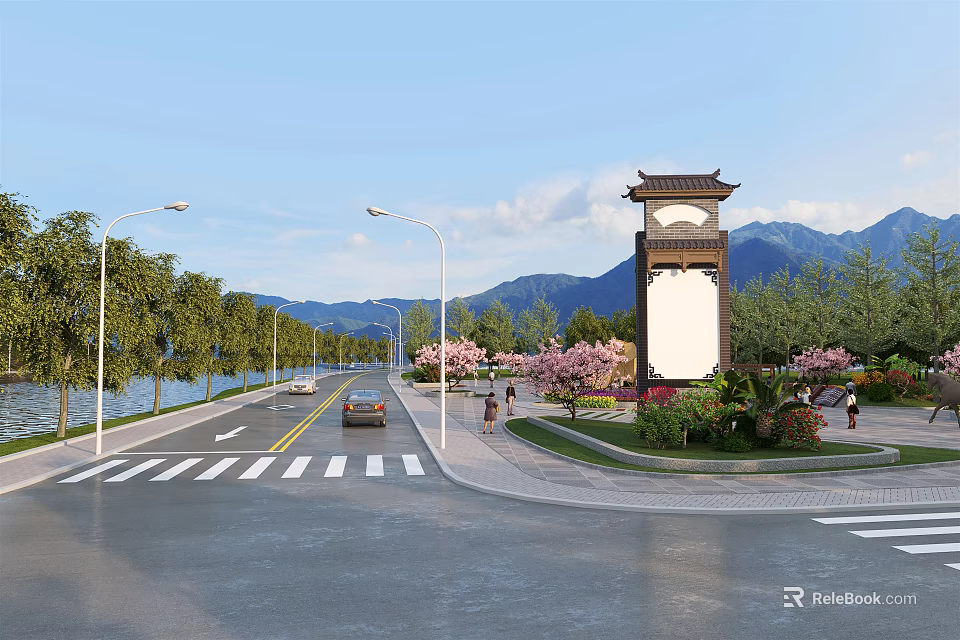 Scenic Road With Street Lamps Car Trees And Chinese Style Bell Tower By Lake 3d model 