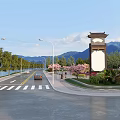 Scenic Road With Street Lamps Car Trees And Chinese Style Bell Tower By Lake