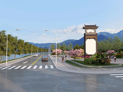 Scenic Road With Street Lamps Car Trees And Chinese Style Bell Tower By Lake 3d model