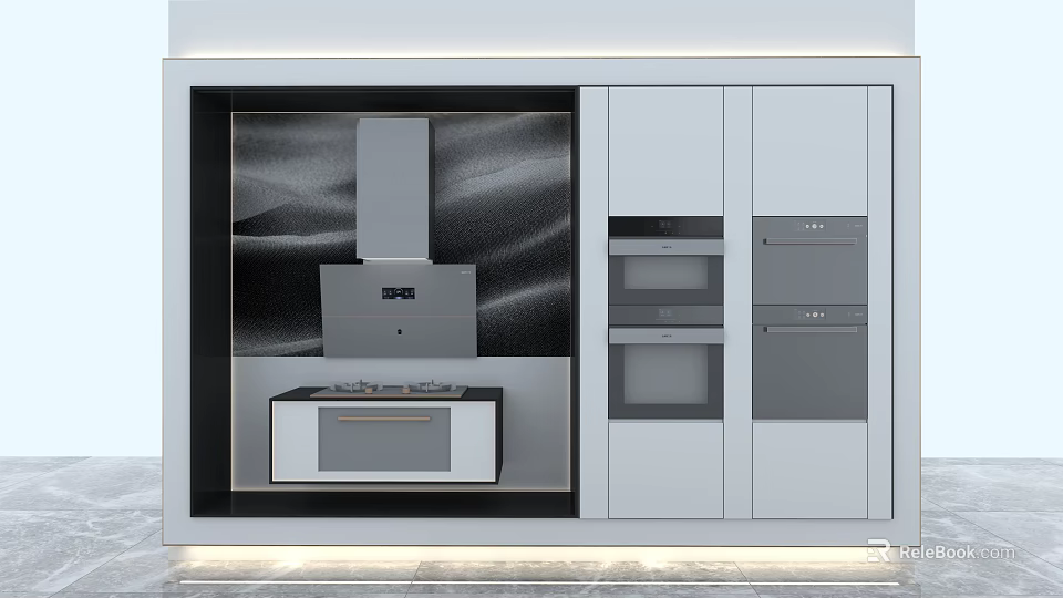Modern Kitchen With Stainless Steel Cooktop Range Hood Built In Ovens And White Cabinets 3d model 