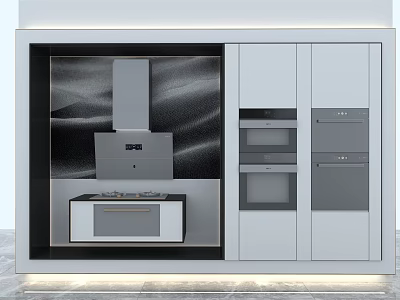 Modern Kitchen With Stainless Steel Cooktop Range Hood Built In Ovens And White Cabinets 3d model