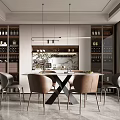 Modern Restaurant Interior With Dining Table Chairs Wine Cabinets And Pendant Lights 3d model