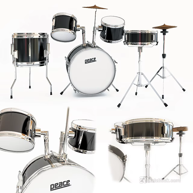 Professional Modern Drum Set With Snare Tom Toms Cymbals Chrome Stands And Drumsticks 3d model 