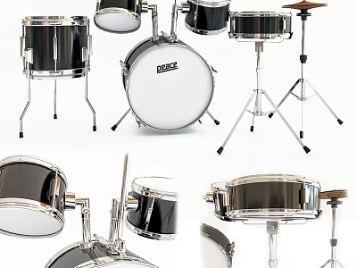 Professional Modern Drum Set With Snare Tom Toms Cymbals Chrome Stands And Drumsticks 3d model