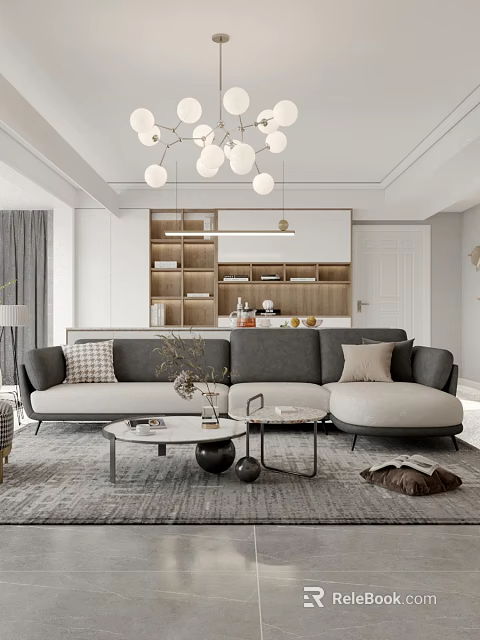 Modern Living Room With Sectional Sofa Coffee Tables And Pendant Light 3d model 