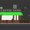 Charming Coffee Shop Exterior Scene With Green Awning Outdoor Tables And Street Lamps