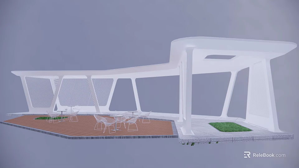 Modern White Curved Pergola Design With Outdoor Dining Table Chairs And Grass Area 3d model 