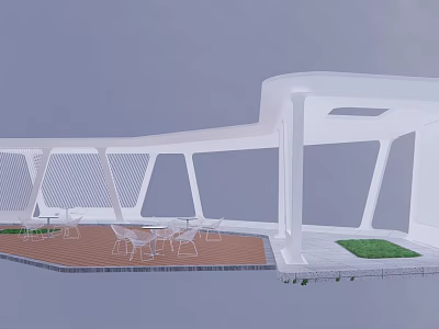Modern White Curved Pergola Design With Outdoor Dining Table Chairs And Grass Area 3d model