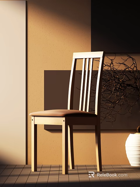 Wooden Single Chair With Vertical Slat Backrest And Light Brown Seat Cushion In Indoor Setting 3d model 