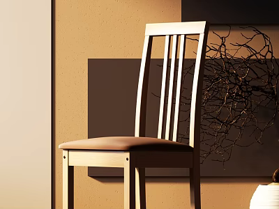 Wooden Single Chair With Vertical Slat Backrest And Light Brown Seat Cushion In Indoor Setting 3d model