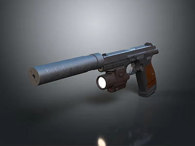 Tactical Combat Pistol With Suppressor Scope Metallic Body And Wooden Grip 3d model