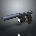 Tactical Combat Pistol With Suppressor Scope Metallic Body And Wooden Grip