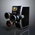 Vintage Digital Camera With Three Lenses And Black Silver Design On Reflective Surface 3d model