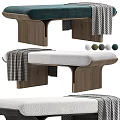 Modern Wooden Bench With Upholstered Seat Plaid Fabric And Decorative Balls