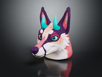 Colorful Fox Character 3D Head Model With Purple Pink Fur Blue Horns And Blue Eyes 3d model