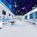School Modern Science Lab Interior With Starry Sky Ceiling Planet Models Blue Circular Floor And Robot 3d model