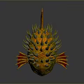 Fierce Mythical Spiky Fish with Green Orange Body Red Eyes and Lava Like Scales