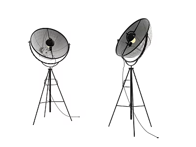 Two Large Satellite Dishes Mounted On Tripod Stands With Cables 3d model