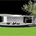 Modern Pergola Design With Curved Roof White Structure Green Lawn And Trees