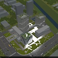 Modern High Rise Office Building With Glass Facade Green Roof And Surrounding Trees Roads