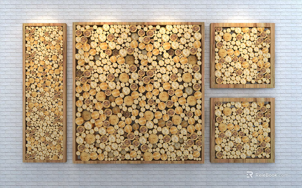 Three Piece Wood Slice Wall Decor Hanging On White Brick Wall 3d model 