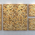 Three Piece Wood Slice Wall Decor Hanging On White Brick Wall