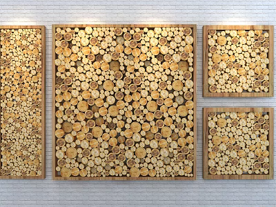 Three Piece Wood Slice Wall Decor Hanging On White Brick Wall 3d model