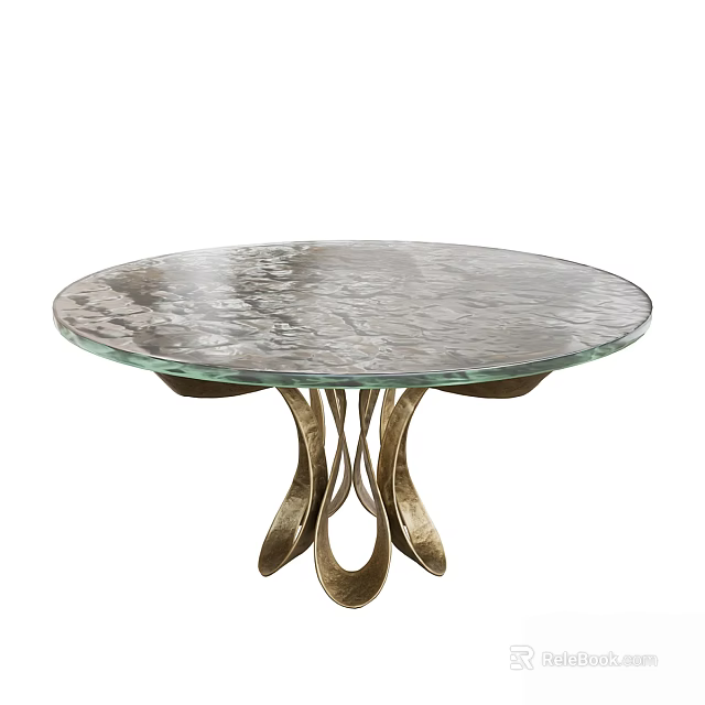 Round Textured Glass Dining Table With Unique Curved Metal Base Design 3d model 