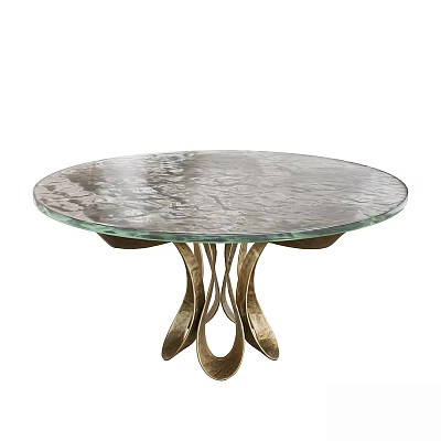 Round Textured Glass Dining Table With Unique Curved Metal Base Design 3d model