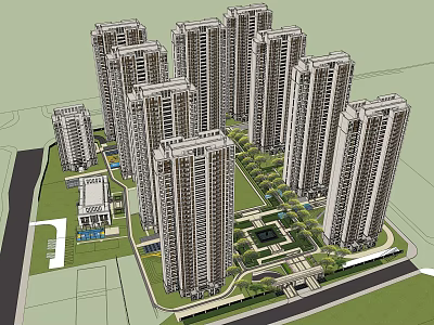 High Rise Residential Complex Aerial View With Green Areas And Landscaped Gardens 3d model