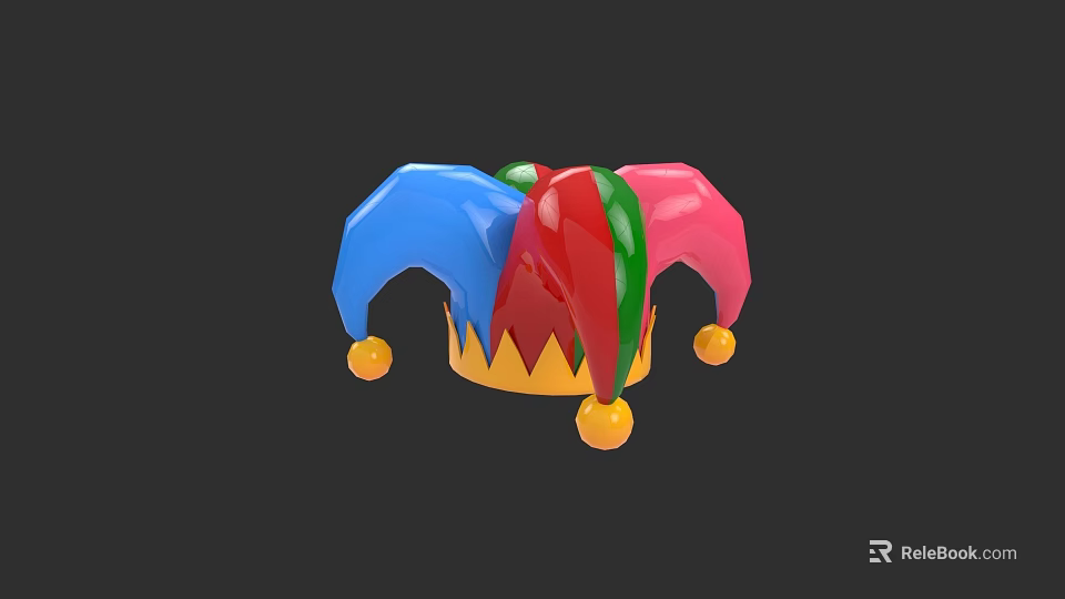 Colorful Jester Hat With Blue Red Green Sections And Golden Pom Poms On Dark Background 3d model 