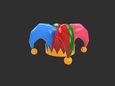 Colorful Jester Hat With Blue Red Green Sections And Golden Pom Poms On Dark Background 3d model