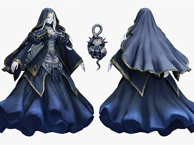 Game Fantasy Character In Dark Blue Robe With Gold Trim Hooded Cloak And Mystical Design 3d model