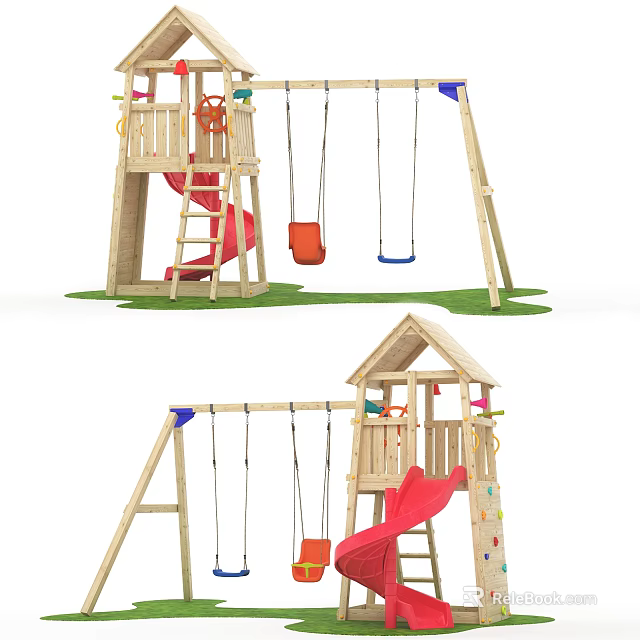 Kindergarten Outdoor Playground With Wooden Swing Set Slide And Climbing Frame 3d model 